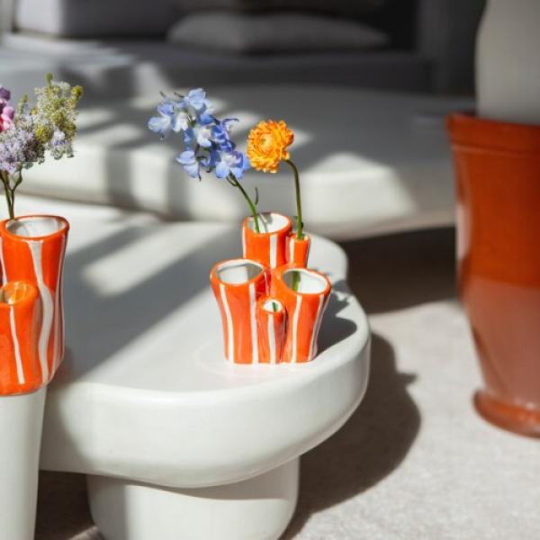 Keramikvase orange weiss gestreift im Korallendesign mit mehreren Öffnungen
