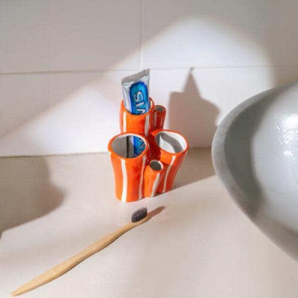Keramikvase orange weiss gestreift im Korallendesign mit mehreren Öffnungen